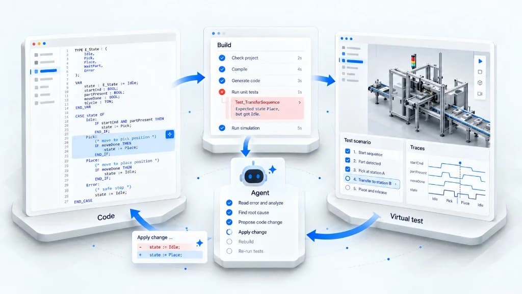 Engineering-Agent verbindet SPS-Code, Build-Ergebnisse, automatische Tests und eine virtuelle Maschine im selben Arbeitsablauf