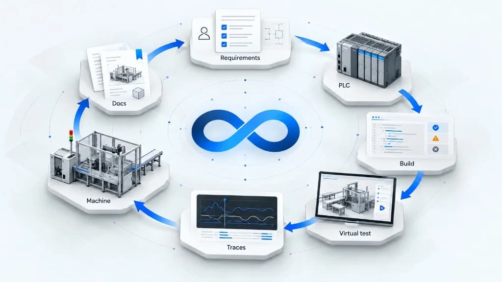 Geschlossener Engineering-Loop von Anforderungen und Maschinensoftware über Build, virtuellen Test und Traces bis zur physischen Maschine und Dokumentation