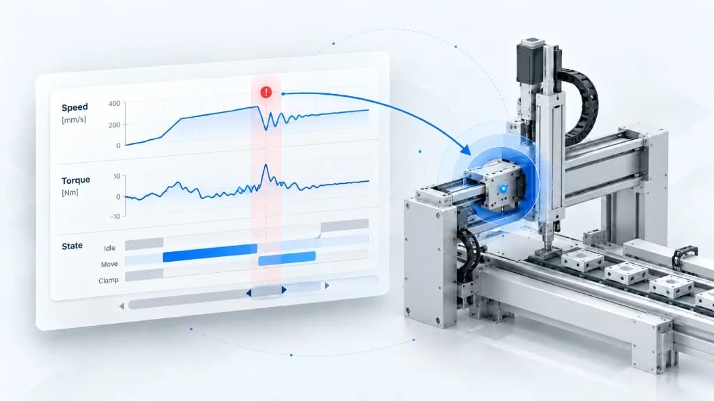 Trace-Analyse mit Geschwindigkeit, Drehmoment und Maschinenzustand im Zusammenhang mit dem relevanten mechanischen Bereich der physischen Maschine