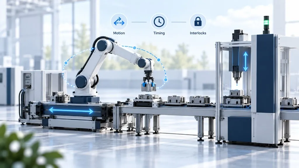 Robotcelle og station med bevægelsesbaner samt mærker for motion, timing og interlocks.