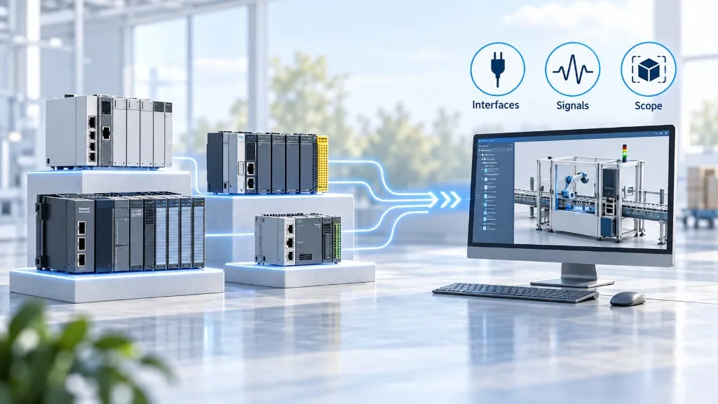 Mehrere industrielle SPS-Baugruppen, verbunden mit einem 3D-Maschinenmodell am Monitor, beschriftet Interfaces, Signals und Scope.