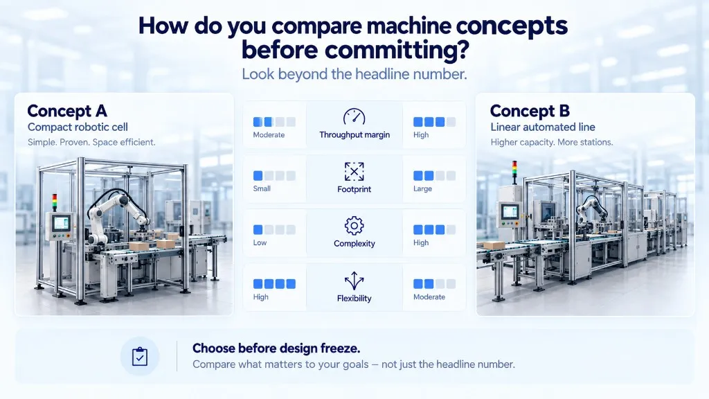 Konzept A, eine kompakte Robotzelle, im Vergleich mit Konzept B, einer linearen automatisierten Linie, nach Durchsatzreserve, Fläche, Komplexität und Flexibilität.