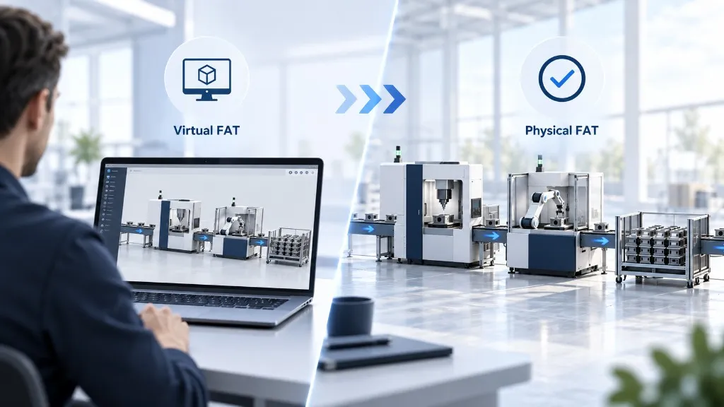 Geteilte Ansicht: virtuelle FAT am Laptop neben derselben Maschinenlinie in der physischen FAT.