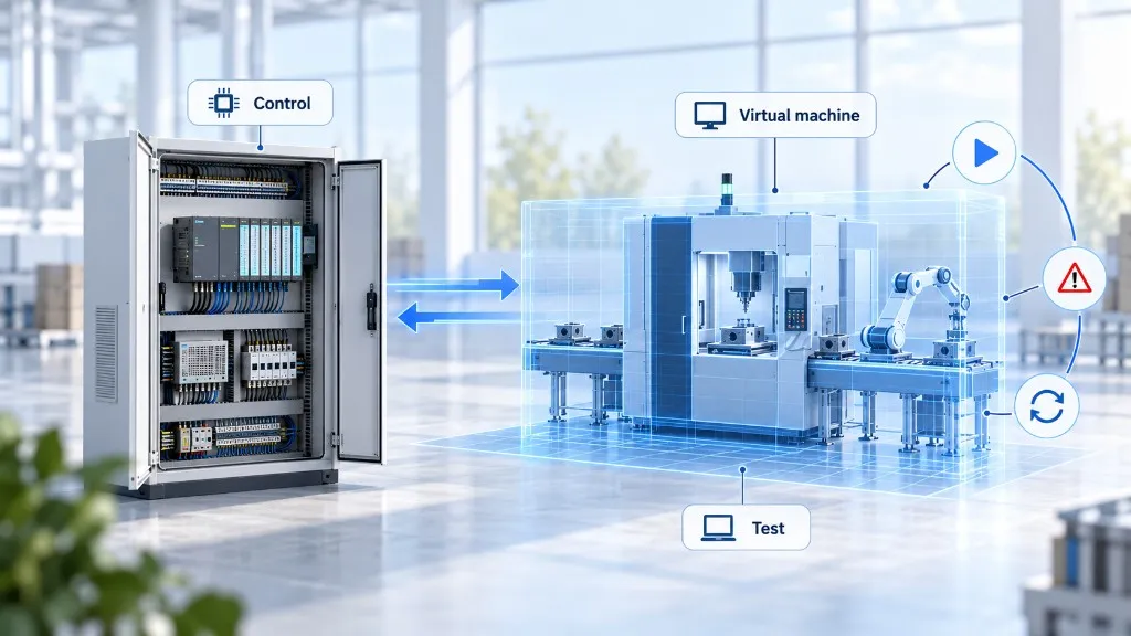 Control cabinet exchanging signals with a virtual machine model used for run, fault and repeat tests.